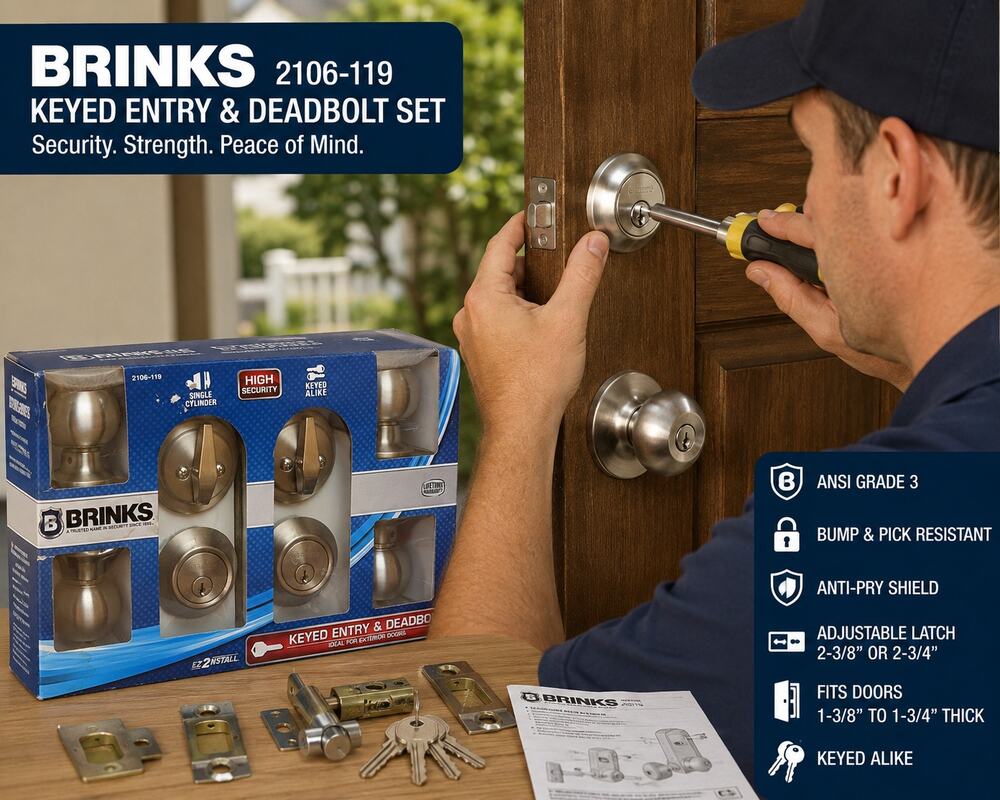 Brinks Satin Nickel Entry Knob & Deadbolt Lock Set Keyed Alike New Open Box